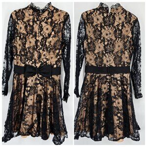 Vintage 1950s Lace Fit Flare Cocktail Dress 11/12 Black Blush Long Sleeve Button